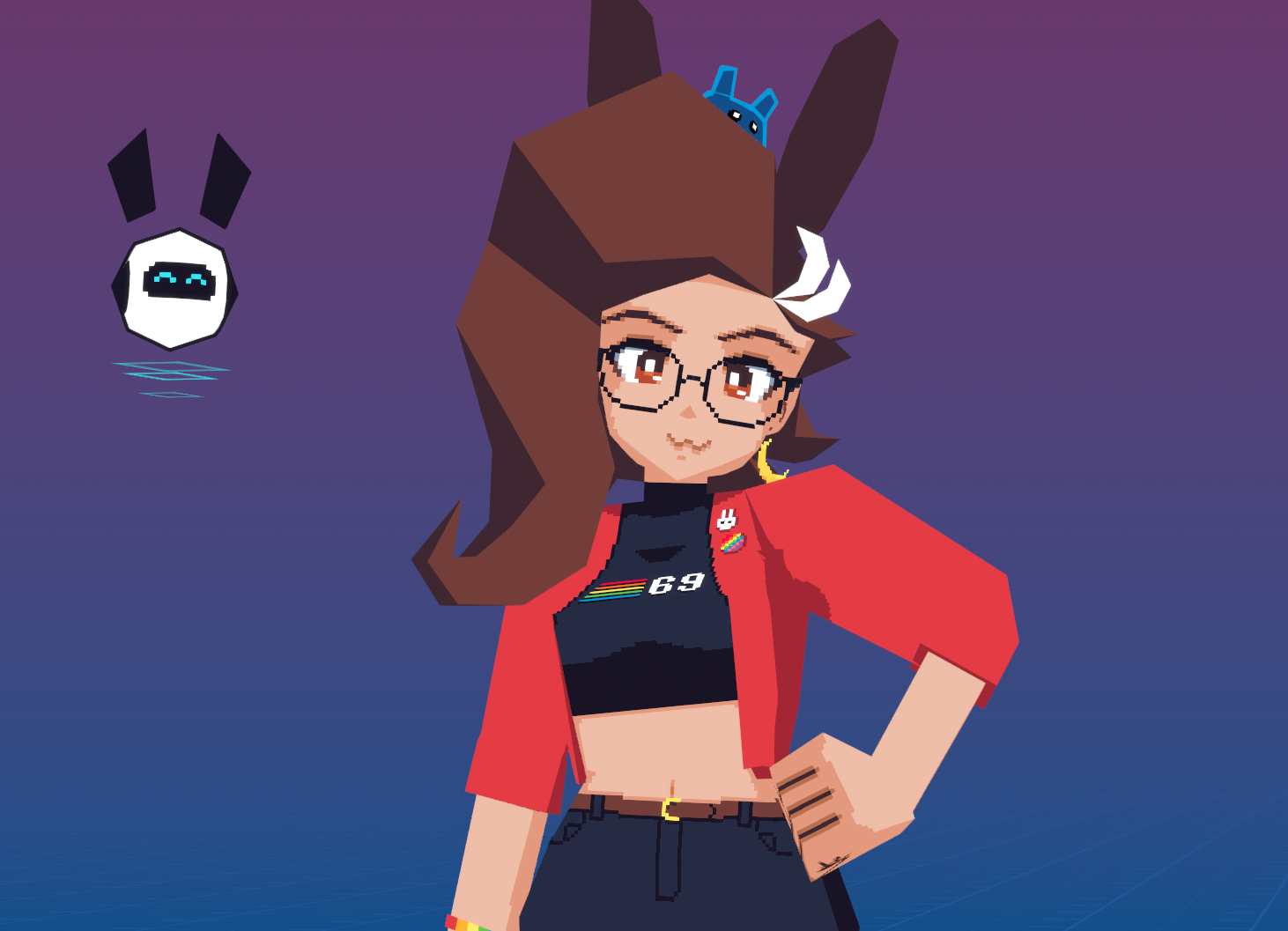 A vnyan screenshot of a megaman legends inspired low polygon 3d version of bunnyhearted, with big goofy hair, a "w" kitty mouth, a red jacket and a crop "commodore 69" shirt, and pixel art glasses. She's looking towards the viewer with a smug expression and her hand at her hip. A little blue slime peeks over her head (blorp), and a white and black round robot with bunny ears floats nearby (bunbot!). The scene has a purple and blue background.