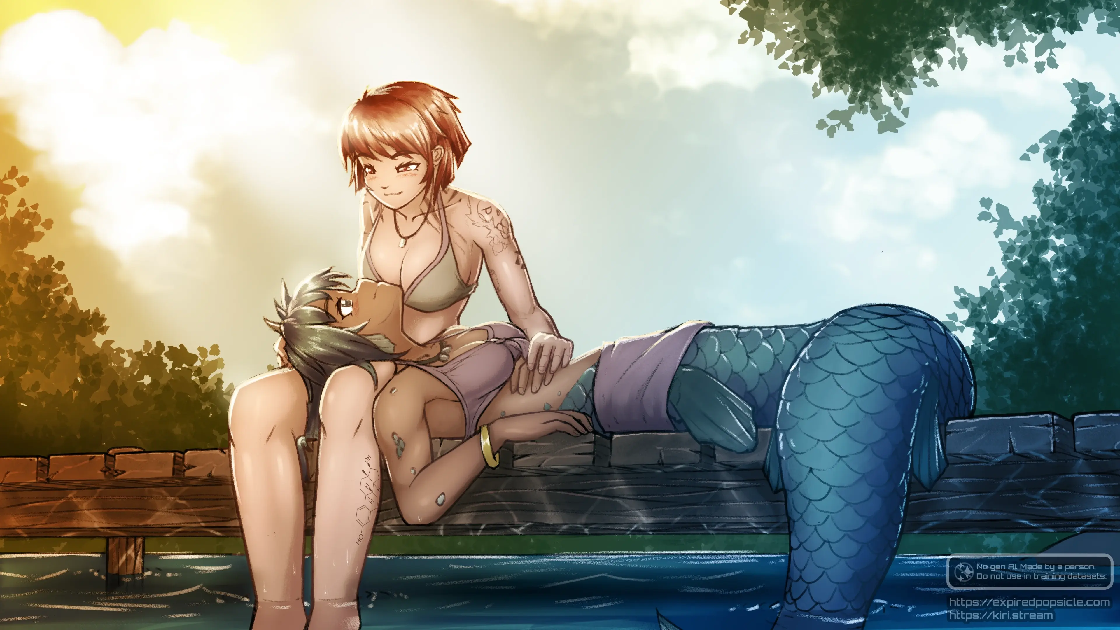 A digital illustration of a human and a mermaid on a shallow pier. The mermaid is resting with her head on the human girl's lap. The human girl's legs and the mermaid's tail are dipped into the water. They're looking into each others' eyes.
