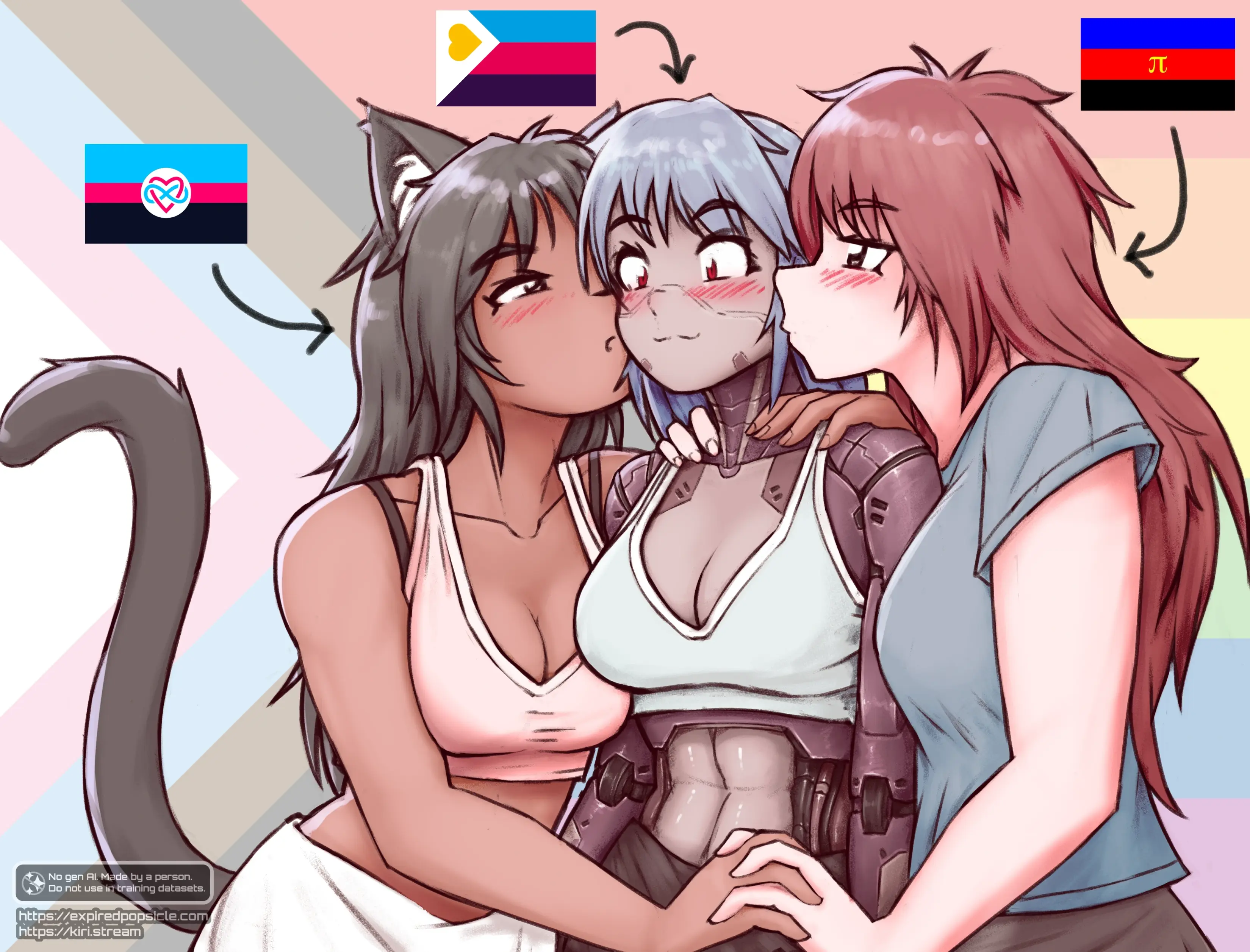 A digital illustration of three women.

One woman is a catgirl, one is an android or robot, and the other is a human. The catgirl and human are both kissing the anrdoid girl on the cheeks from opposite sides. The android girl looks embarrassed but happy.

Above each characters is a different pride flags, which are all different polyamorous pride flags.

The background is the progress pride flag.