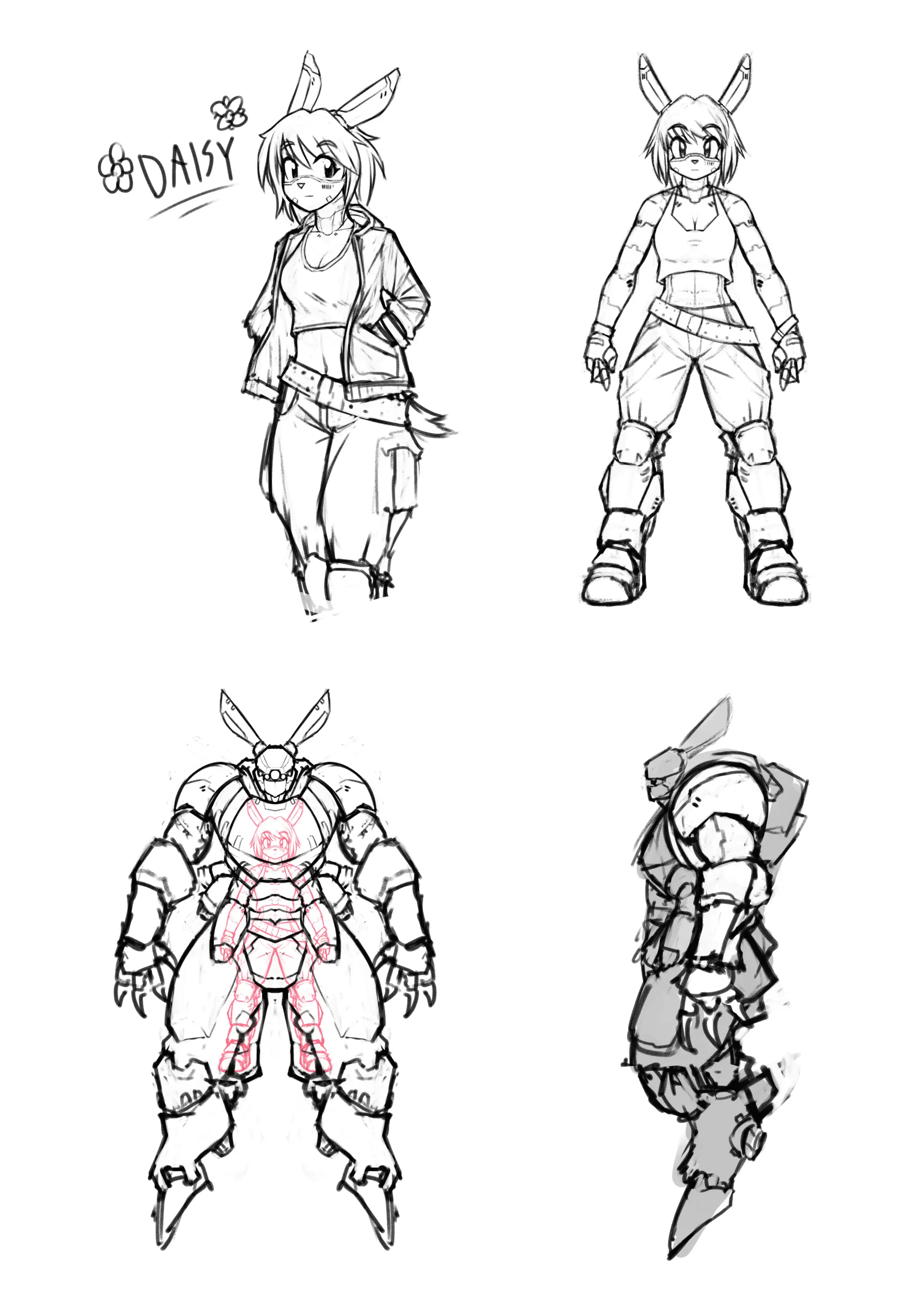 Three sketched image panels.

The first two depict a bunnygirl robot. She's wearing armored high-tech looking boots and a pistol belt. In the first image she's also wearing a jacket, and the name "Daisy" is printed next to her. The second image is a front-on symmetrical reference.

The last panel shows the front and side views of a mech and a transparent view of Daisy inside the mech. The mech is about twice as tall as her and worn kind of like a powersuit. Her arms stick out of the front in much the same way as a landmate from Appleseed.

The mech has mechanical bunny ears as well.