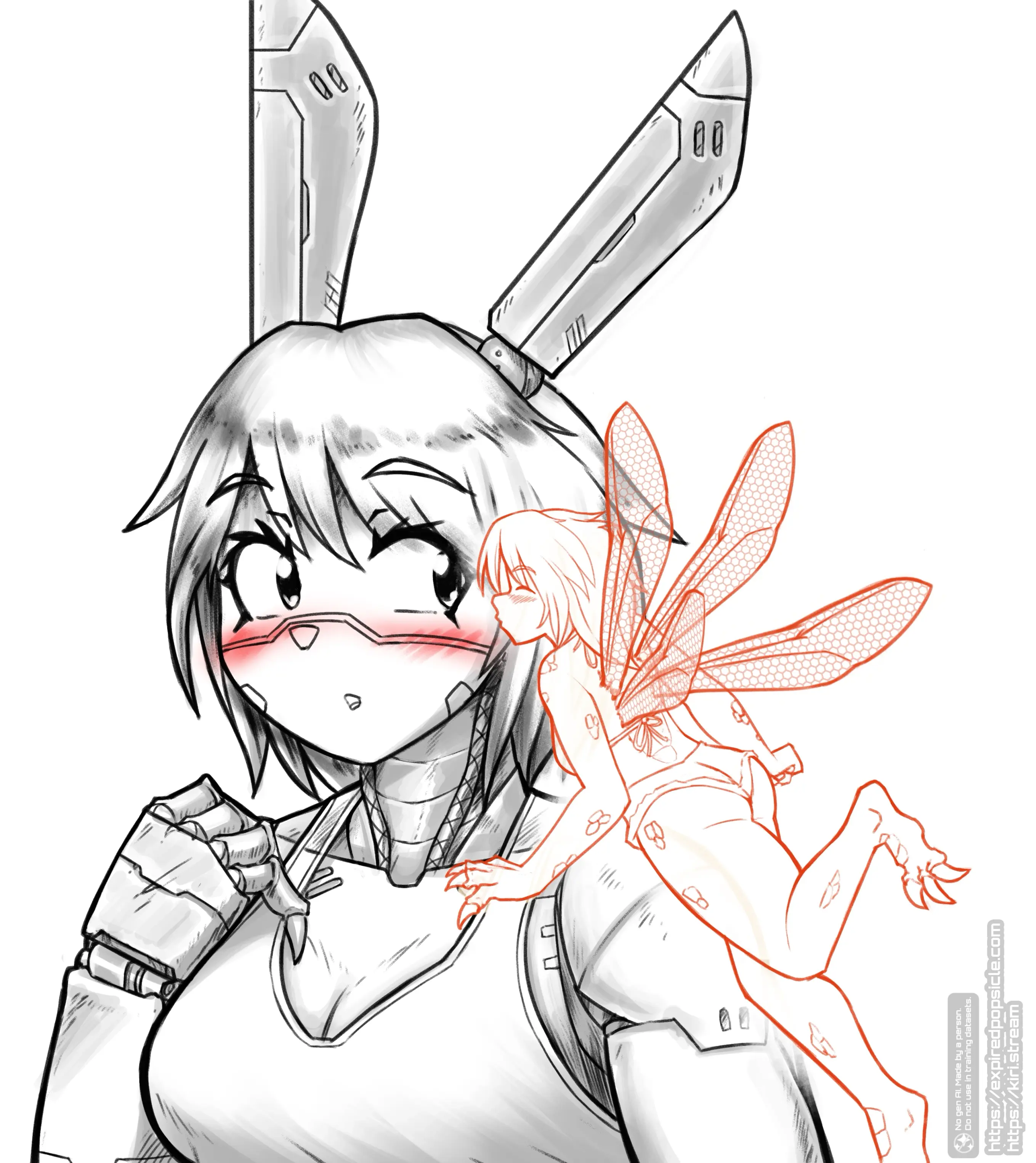 A digital illustration of a robot girl with bunny ears getting a kiss on the cheek from a glowing red holographic fairy.

The robot is blushing somehow. The fairy has some scales, some talons, and dragonfly wings.
