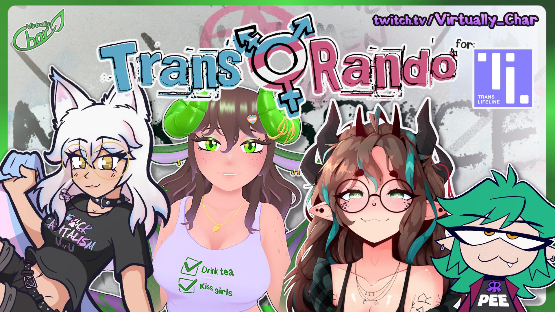Thumbnail for Char's Twitch stream today.
It says "Trans Rando for Trans Lifeline" and you see 4 vtubers. From left to right we have Alice Lunazera, Virtually_Char, EtoileDoll, and RekyChannel
